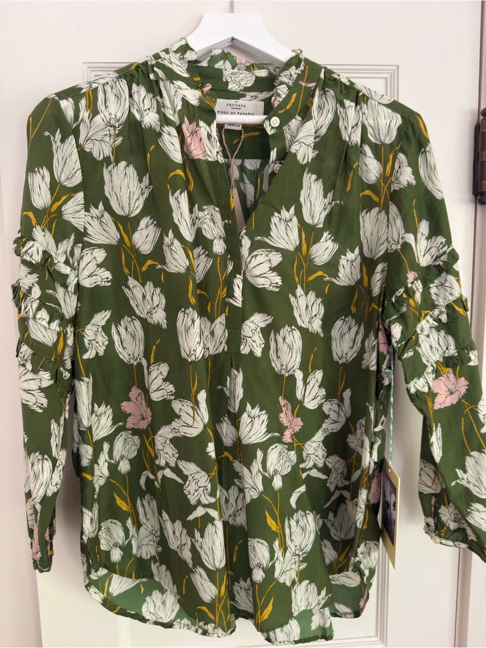 Trovata Olive Green White Tulip Long-Sleeve Blouse size M